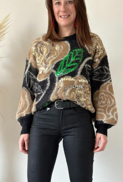 Pull Stella noir avec sequins doré et vert